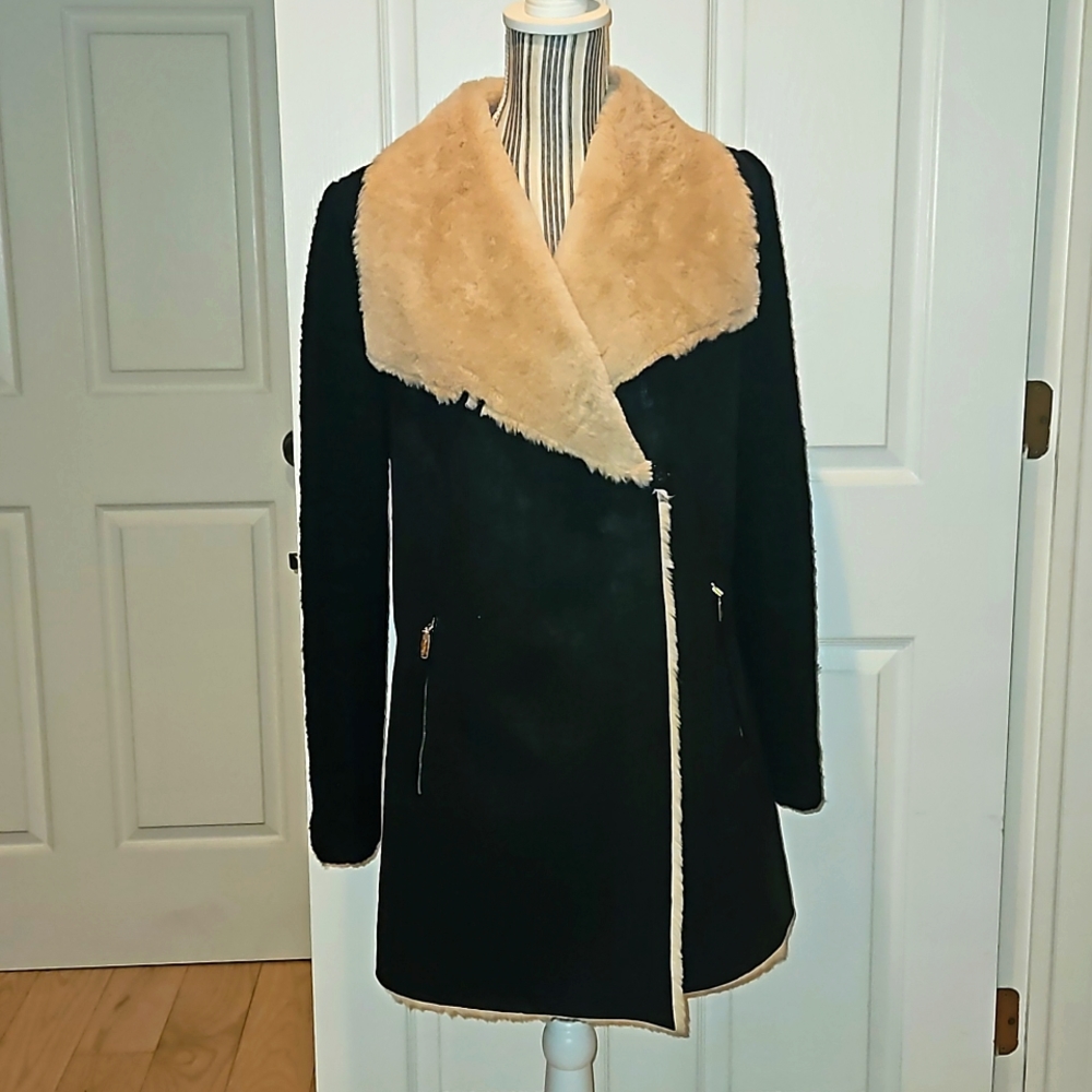 CALVIN CLEIN WOMEN BLACK COAT FAUX FUR COLLAR /SUEDED AND WOOL SIZE XL